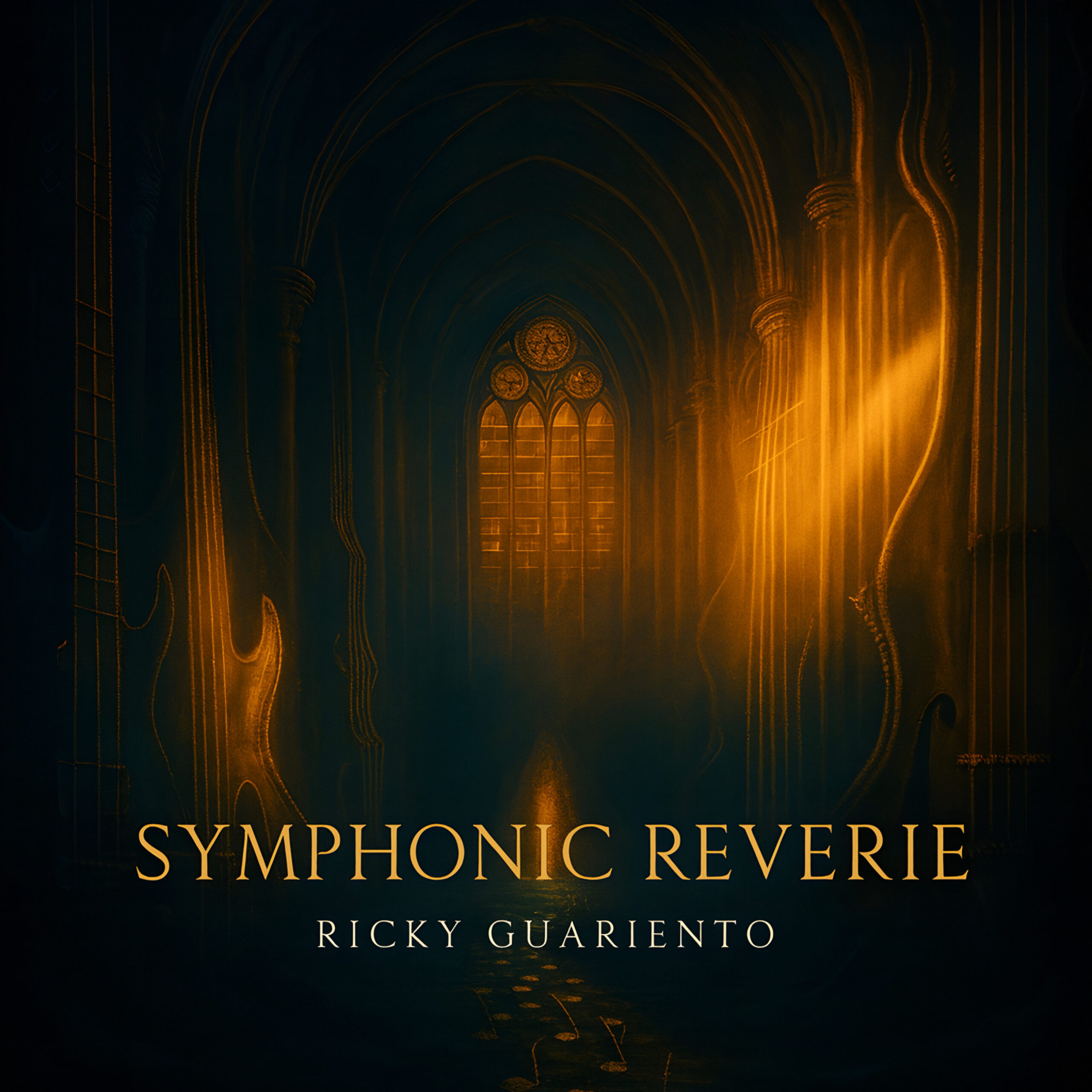 Copertina ufficiale del brano "Symphonic Reverie" di Ricky Guariento. Un'immagine suggestiva di una cattedrale gotica illuminata d'oro, con colonne a forma di chitarra e un sentiero di note musicali sul pavimento.