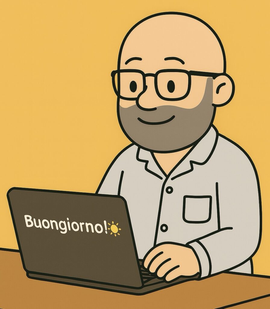 Illustrazione in stile cartoon di Ricky in pigiama, seduto al computer. Sullo schermo appare la scritta “Buongiorno!” con l’emoji del sole. Sfondo giallo caldo, atmosfera ironica e leggera.