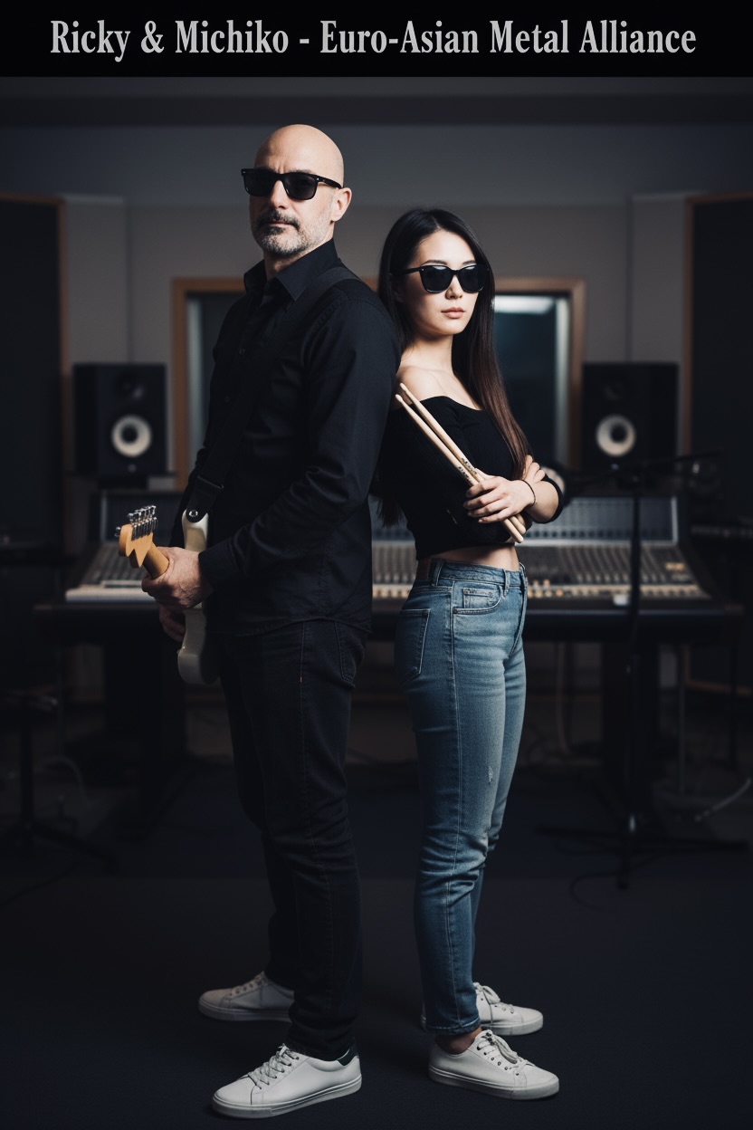Ricky Guariento (chitarrista) e Michiko (batterista) in posa in uno studio di registrazione. Foto promozionale per il progetto "Symphonic Reverie" e la loro "Euro-Asian Metal Alliance".