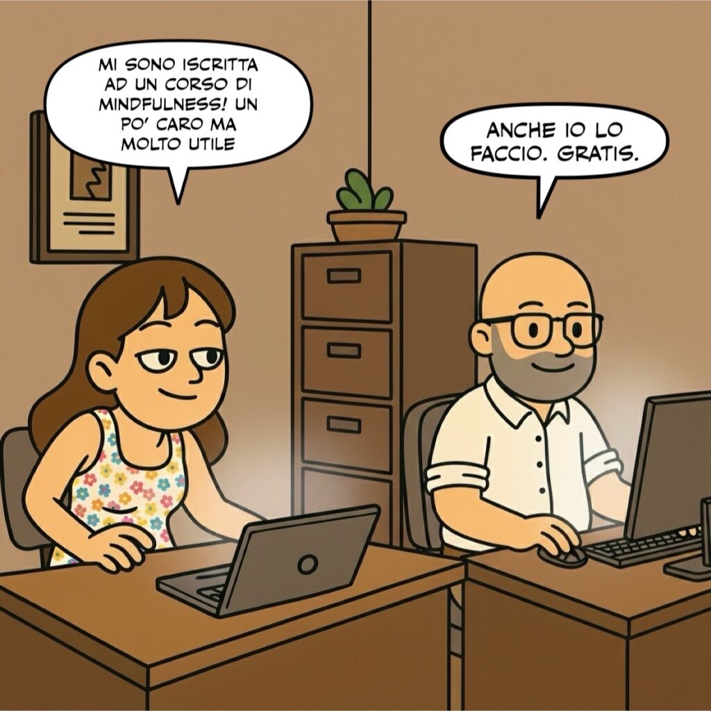 Prima vignetta di un fumetto. In un ufficio, una donna con un'espressione soddisfatta dice al suo collega: "Mi sono iscritta ad un corso di mindfulness! Un po' caro ma molto utile". L'uomo, seduto al suo fianco, risponde con calma: "Anche io lo faccio. Gratis."