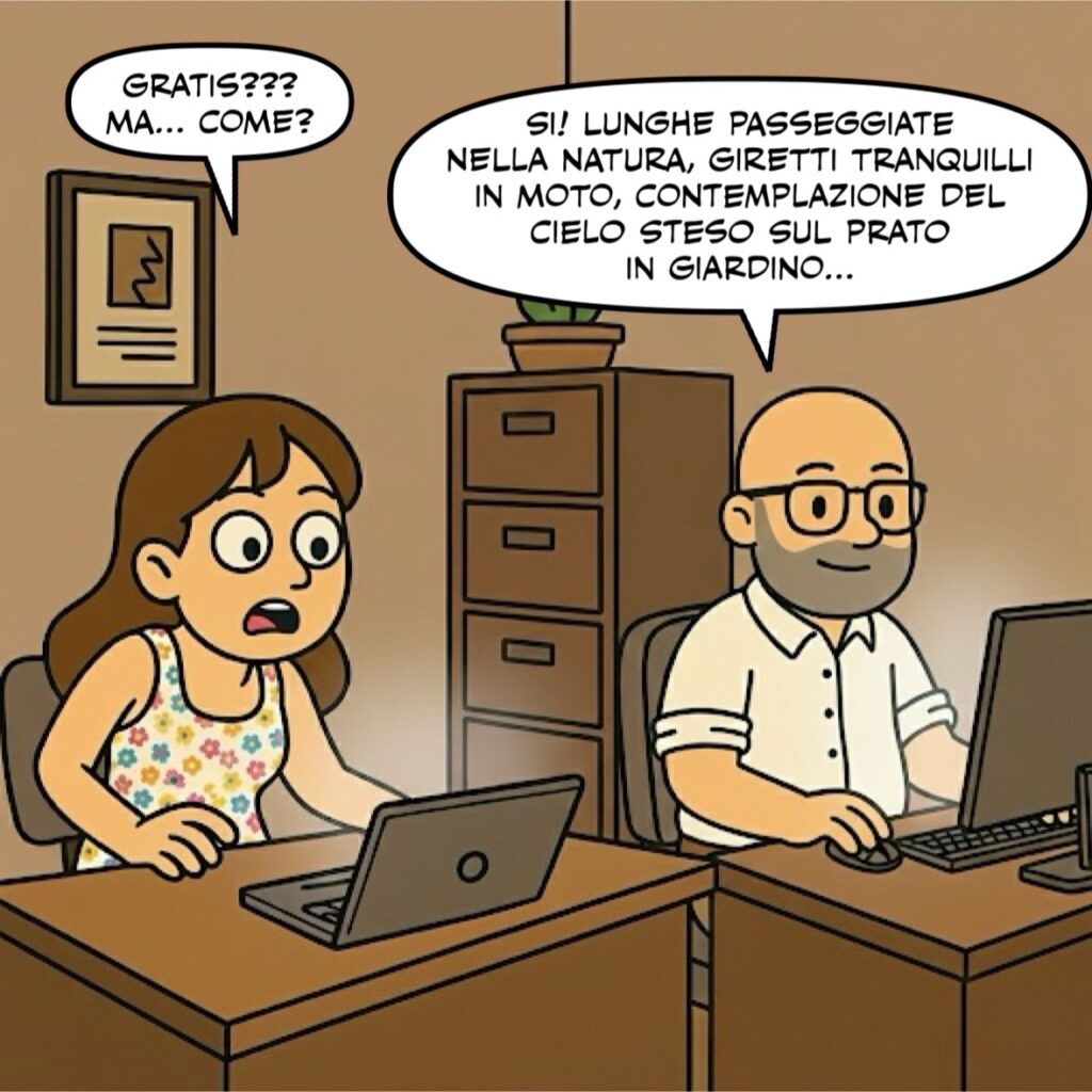 Seconda vignetta del fumetto. La donna, ora con un'espressione sbigottita, chiede: "Gratis??? Ma... come?". L'uomo le spiega serenamente, senza staccare gli occhi dal suo computer: "Sì! Lunghe passeggiate nella natura, giretti tranquilli in moto, contemplazione del cielo steso sul prato in giardino..."