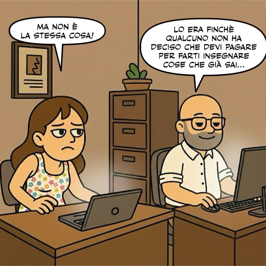 Terza e ultima vignetta del fumetto. La donna, contrariata, ribatte: "Ma non è la stessa cosa!". L'uomo, con un sorriso saggio e un po' sornione, le dà la battuta finale: "Lo era finché qualcuno non ha deciso che devi pagare per farti insegnare cose che già sai..."