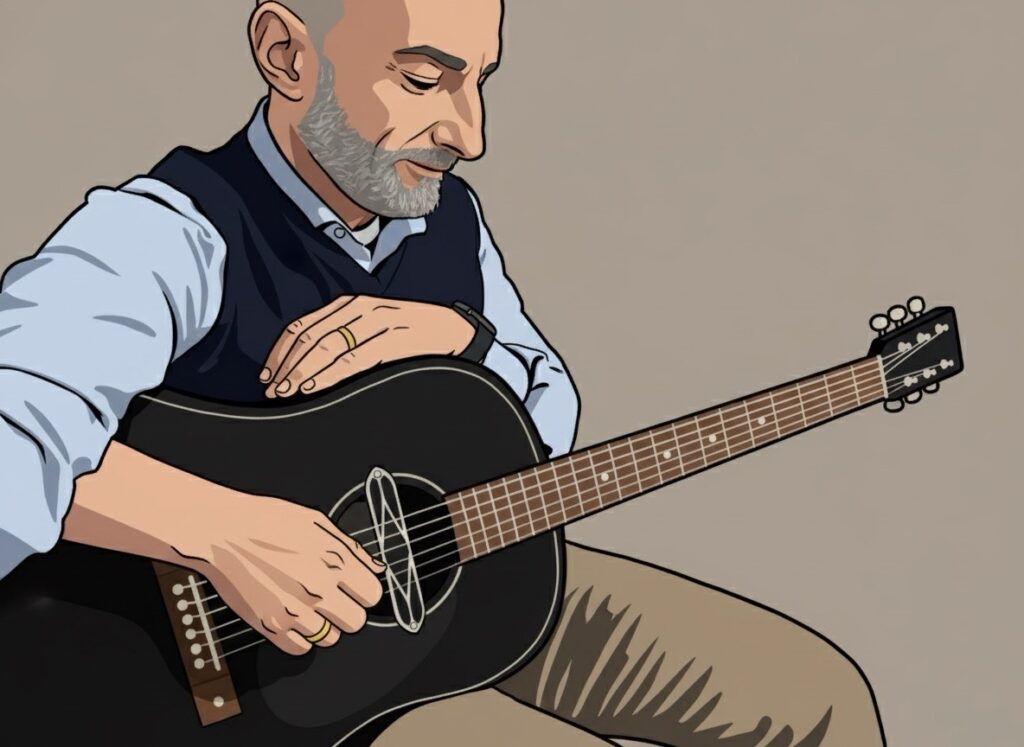 Ricky, un musicista creativo, abbraccia la sua chitarra acustica nera Gretsch in un momento di intima connessione, simbolo della scelta perfetta che supera l'indecisione.