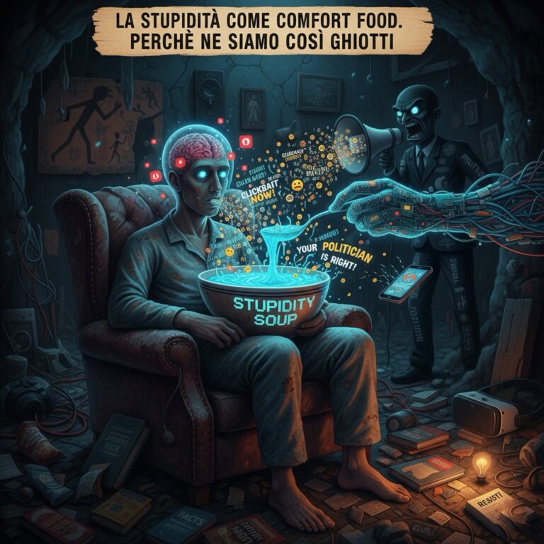 Illustrazione distopica rappresenta stupidità come comfort food con IA e manipolazione politica.