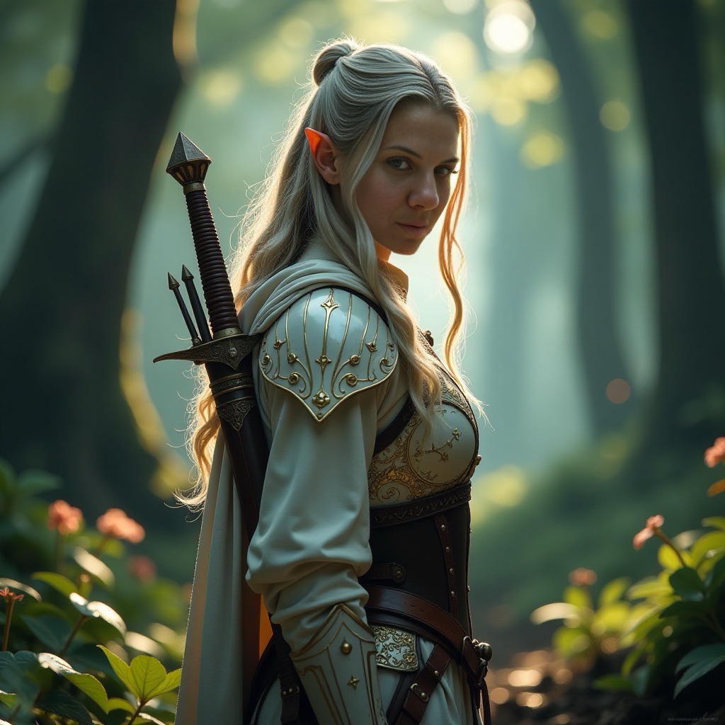 Hyla, protagonista dell’omonimo album progressive metal strumentale del 6 ottobre 2022: guerriera mezza elfa con lunghi capelli biondi, spada sulle spalle e armatura decorata, ritratta in una foresta con luce cinematica - artwork fantasy per concept album di rinascita creativa