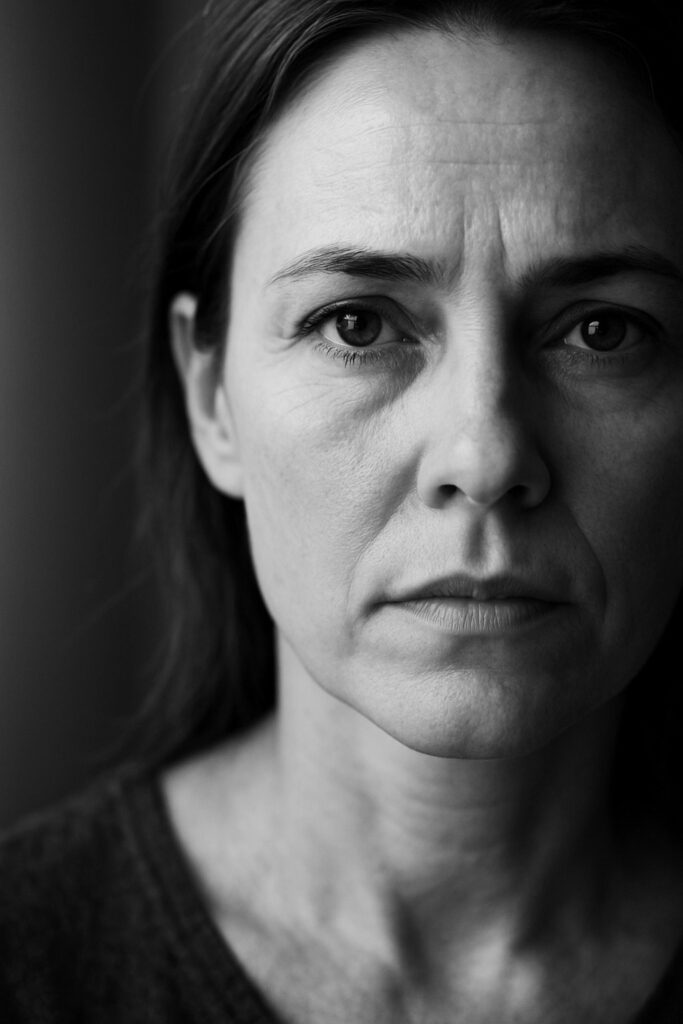 Donna di 45 anni con sguardo determinato, ritratto in primo piano realizzazione personale