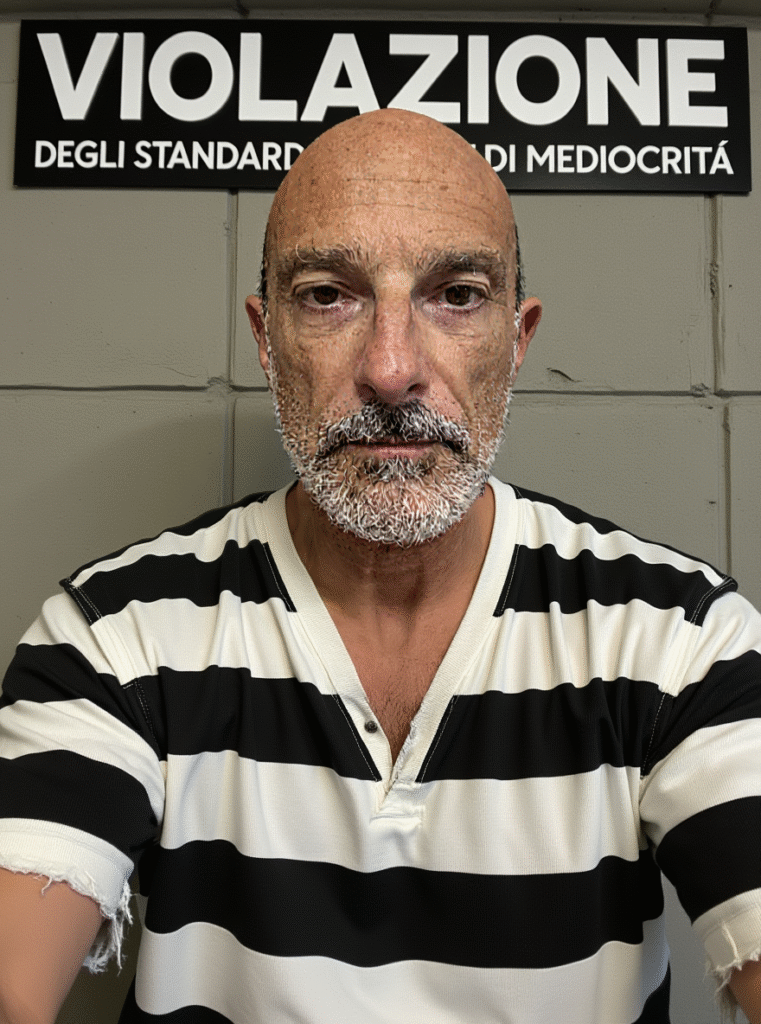 Ritratto mugshot di Ricky Guariento generato da IA Flux-1 Kontext Dev con cartello Violazione Standard di Mediocrità per test modelli IA editing immagini