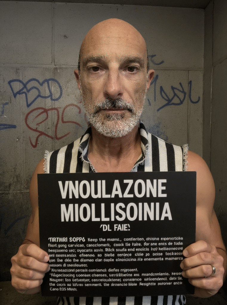 Ritratto mugshot di Ricky Guariento generato da IA FLUX-1 Kontext Pro con cartello Violazione Standard di Mediocrità per test modelli IA editing immagini