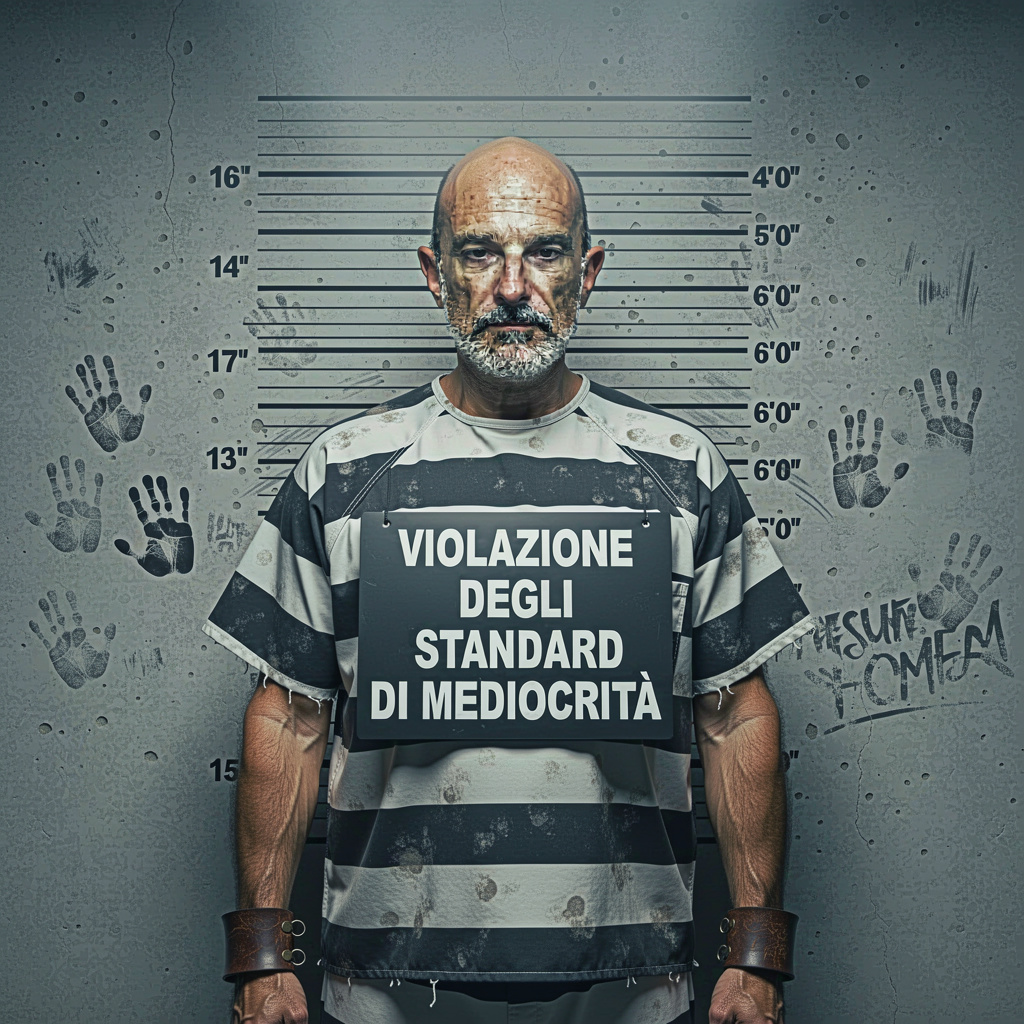 Ritratto mugshot di Ricky Guariento generato da IA FLUX-2 Flex con cartello Violazione Standard di Mediocrità per test modelli IA editing immagini
