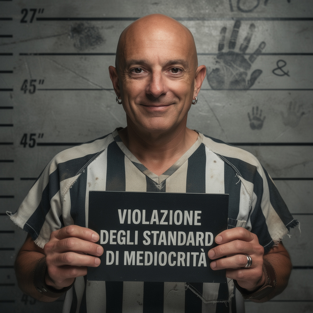Ritratto mugshot di Ricky Guariento generato da IA FLUX-2 Pro con cartello Violazione Standard di Mediocrità per test modelli IA editing immagini