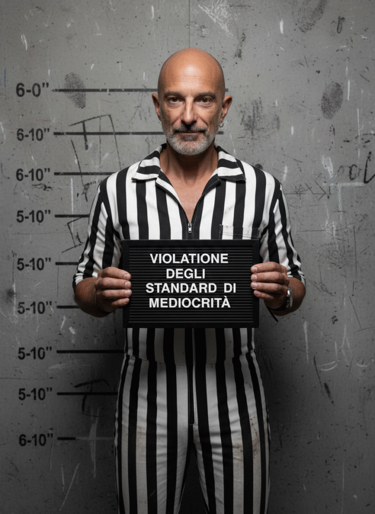 Ritratto mugshot di Ricky Guariento generato da IA Gemini 2.5 Flash (Nano Banana) con cartello Violazione Standard di Mediocrità per test modelli IA editing immagini