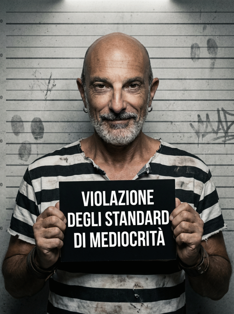 Ritratto mugshot di Ricky Guariento generato da IA Nano Banana Pro (Gemini 3.0 Image Pro) con cartello Violazione Standard di Mediocrità per test modelli IA editing immagini