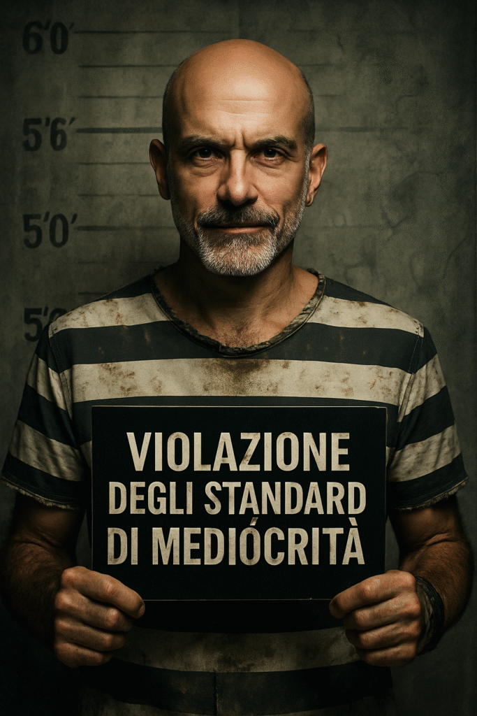 Ritratto mugshot di Ricky Guariento generato da IA GPT Image 1 con cartello Violazione Standard di Mediocrità per test modelli IA editing immagini