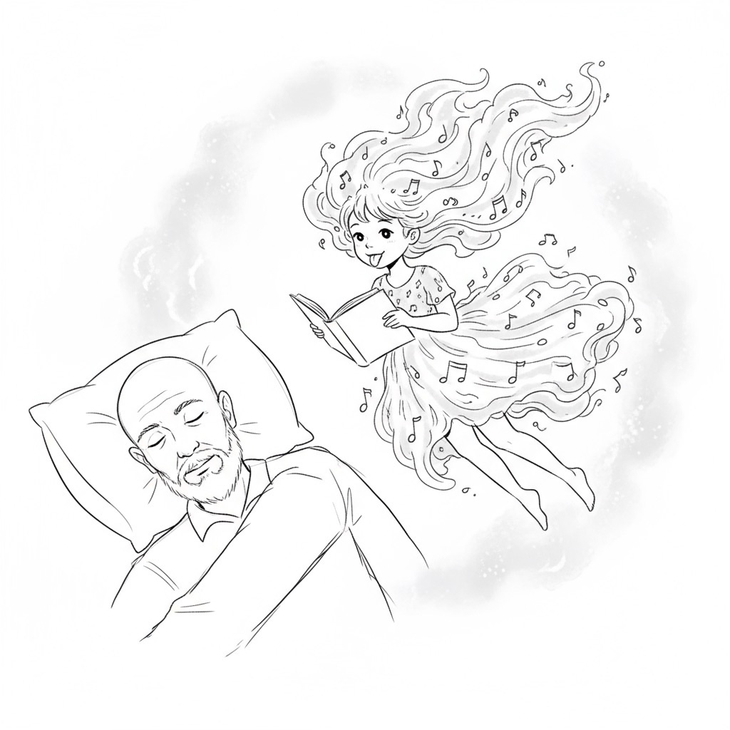 Uomo calvo con barba bianca che dorme; accanto, figura di ragazza avvolta dalla nebbia, tiene un libro, è vestita di note musicali, fa le linguacce.