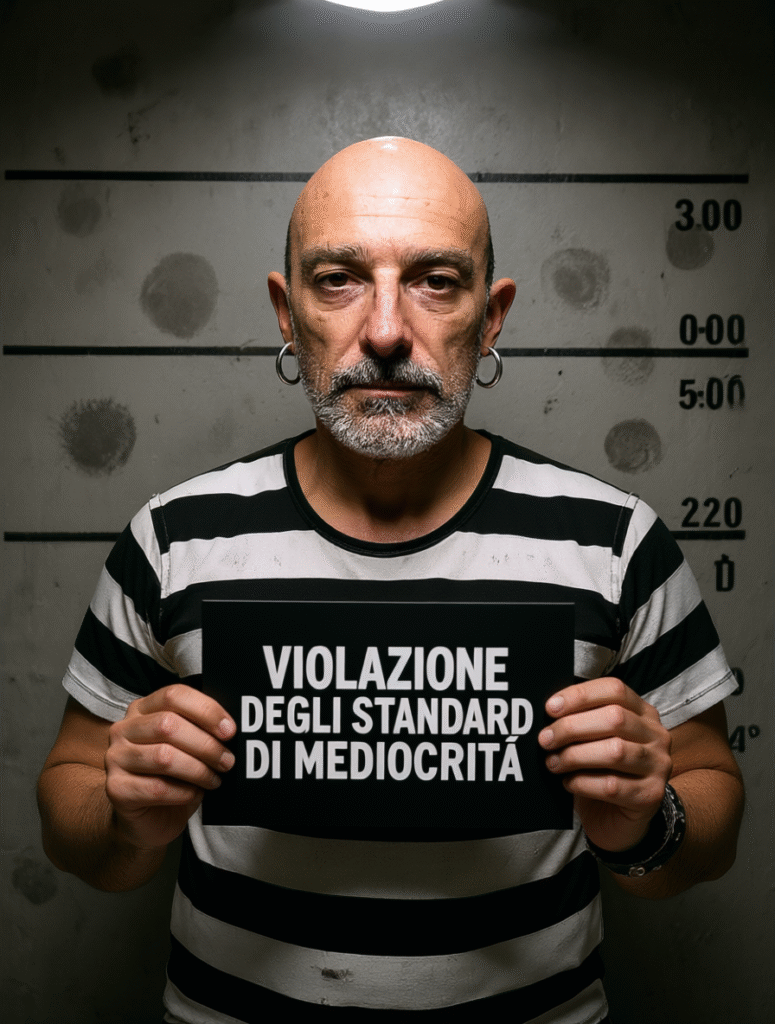Ritratto mugshot di Ricky Guariento generato da IA Qwen 2.5 Image Edit con cartello Violazione Standard di Mediocrità per test modelli IA editing immagini