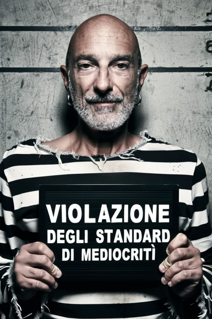 Ritratto mugshot di Ricky Guariento generato da IA Reve V1 con cartello Violazione Standard di Mediocrità per test modelli IA editing immagini
