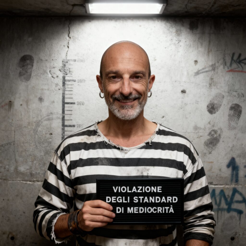 Ritratto mugshot di Ricky Guariento generato da IA SeeDream 4 con cartello Violazione Standard di Mediocrità per test modelli IA editing immagini