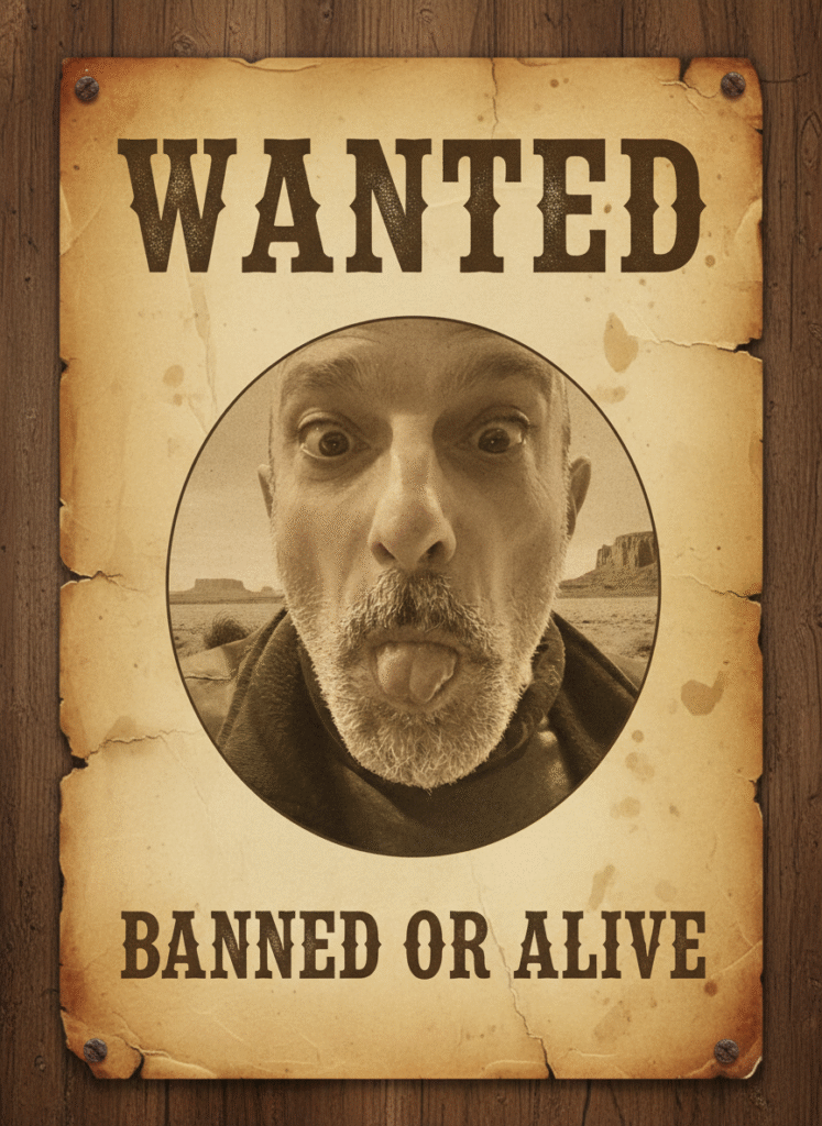 Ricky in stile wanted poster - sovversivo digitale ricercato dagli algoritmi social per pensiero critico e contenuti che stimolano riflessione 
