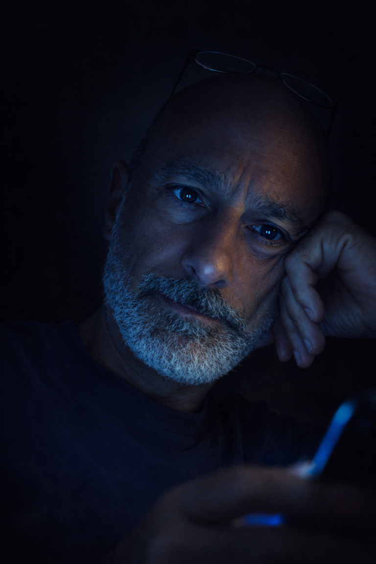 Primo piano del volto di Ricky Guariento in penombra, illuminato dal basso dal bagliore blu freddo di uno smartphone. L’espressione è intensa e disillusa, con gli occhiali sulla fronte, a simboleggiare l’impatto passivo degli algoritmi e del rage baiting sulla mente umana.