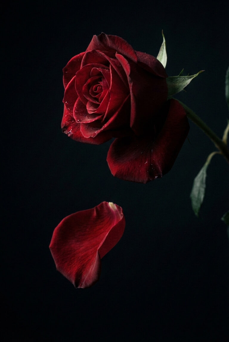 Una rosa rossa che perde un petalo