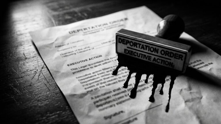 Timbro inchiostro nero che cola su documento legale, rappresentazione visiva della banalità del male SA vs ICE 2026