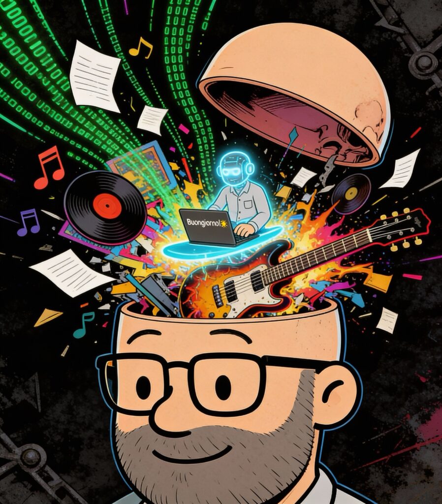 Illustrazione stile fumetto del volto di Ricky Guariento con la testa aperta da cui esplode un caos creativo colorato: chitarra elettrica, dischi in vinile, fogli di appunti, codice binario verde stile Matrix e un avatar digitale luminoso al computer. Sfondo scuro grunge.