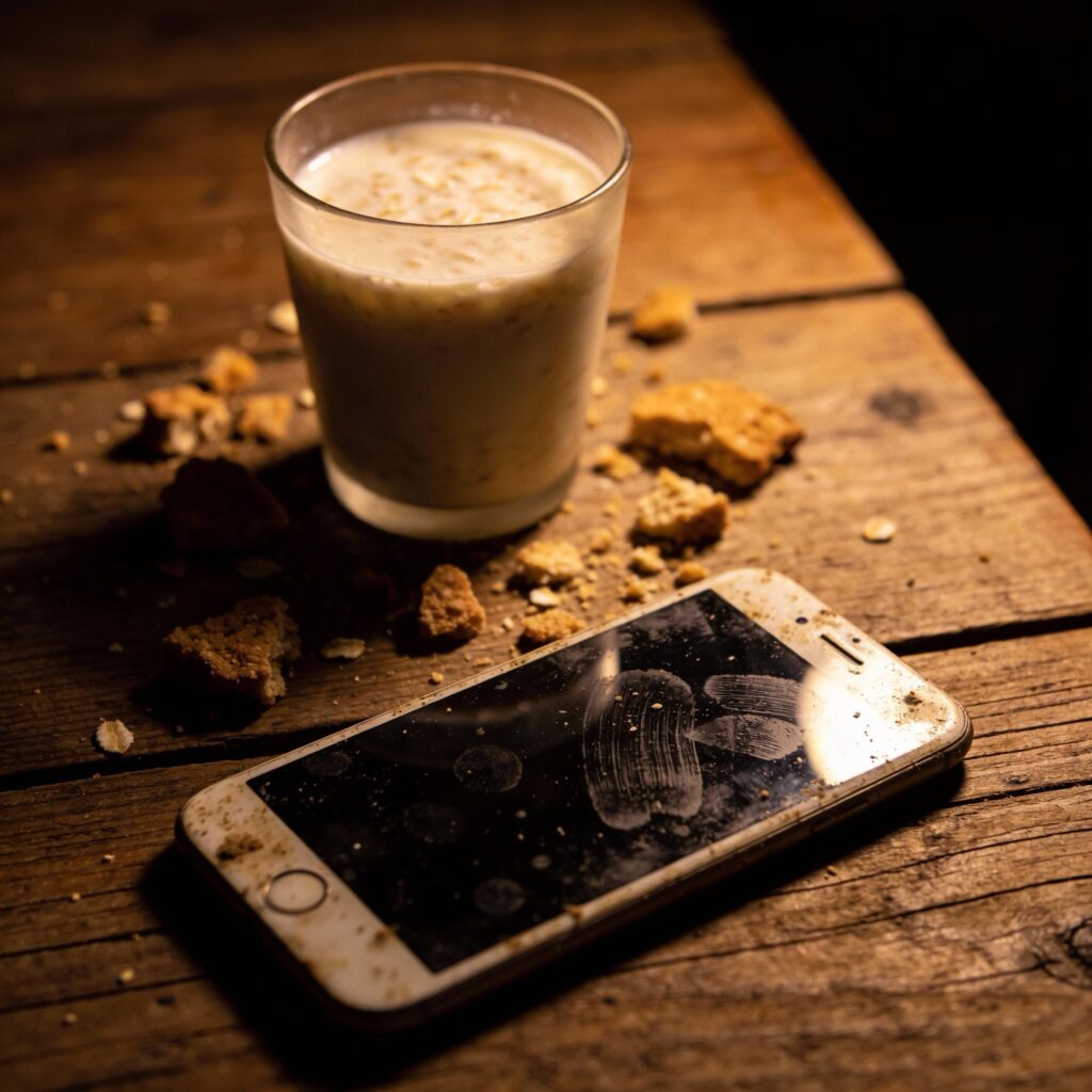 Smartphone con schermo unto di ditate e bicchiere di latte d'avena su tavolo di legno per la Befana