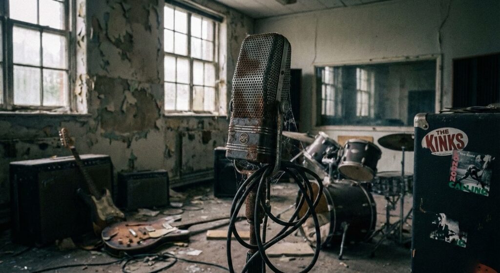 Primo piano di un microfono vintage arrugginito e coperto di ragnatele in uno studio abbandonato. Sullo sfondo strumenti musicali lasciati a terra, tra cui una chitarra e un amplificatore con adesivo The Kinks, evocando il silenzio della radio e la fine di un’era musicale.
