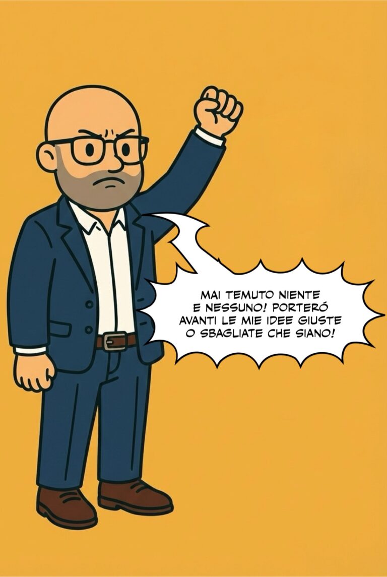 Illustrazione cartoon di Ricky in abito elegante blu con camicia bianca, espressione imbronciata e pugno alzato in gesto di sfida. Fumetto: "Mai temuto niente e nessuno. Porterò avanti le mie idee giuste o sbagliate che siano!" Sfondo giallo ocra. 