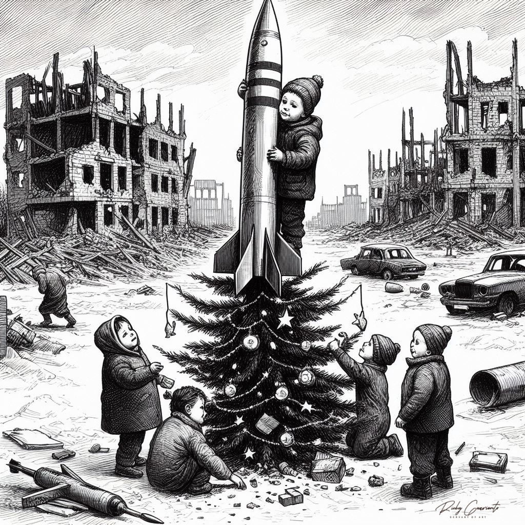 Disegno a china bambino abbraccia missile macerie