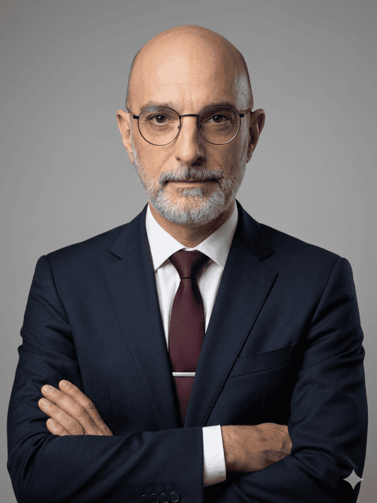 Ritratto ironico in perfetto stile foto profilo LinkedIn: uomo con braccia conserte, giacca blu, cravatta e sguardo intenso su sfondo grigio neutro — omologazione professionale portata all'estremo.