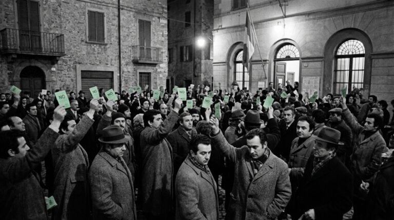 Folla italiana in piazza storica anni '40, schede elettorali verdi alzate verso il cielo notturno, referendum costituzionale vittoria NO. Risveglio democratico autentico.