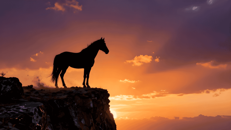 Cavallo in silhouette al tramonto — l'arroganza come metafora del potere che non vede il precipizio