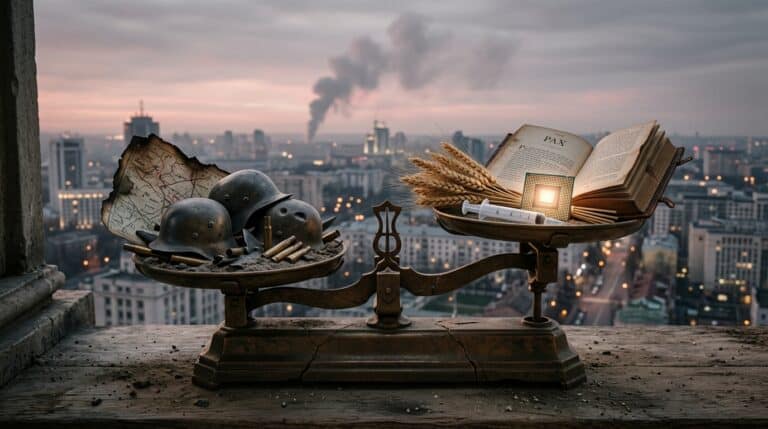 Bilancia simbolica tra guerra (elmi, bossoli) e pace (grano, conoscenza) su sfondo urbano in rovina