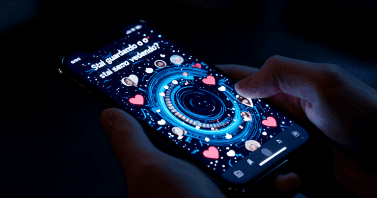 Close-up di una mano che tocca lo schermo smartphone con feed social infinito che svanisce in spirale buia, sovraimpresso 'Stai guardando o vedi?'. Illustrazione dipendenza scrollare social Meta sentenza 2026.