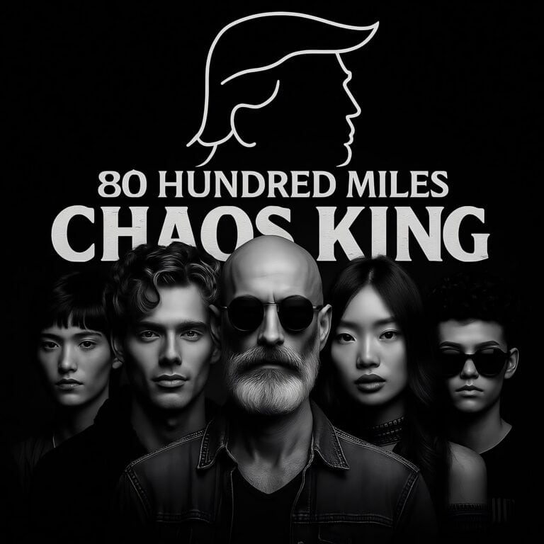 Copertina di Khaos King degli 80 Hundred Miles: cinque membri della band in bianco e nero su sfondo scuro, con la silhouette stilizzata del Chaos King in alto.
