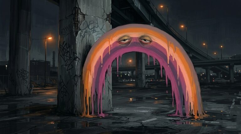  Narcobaleno: un arcobaleno esausto con gli occhi socchiusi, i colori che colano su un marciapiede bagnato di periferia notturna