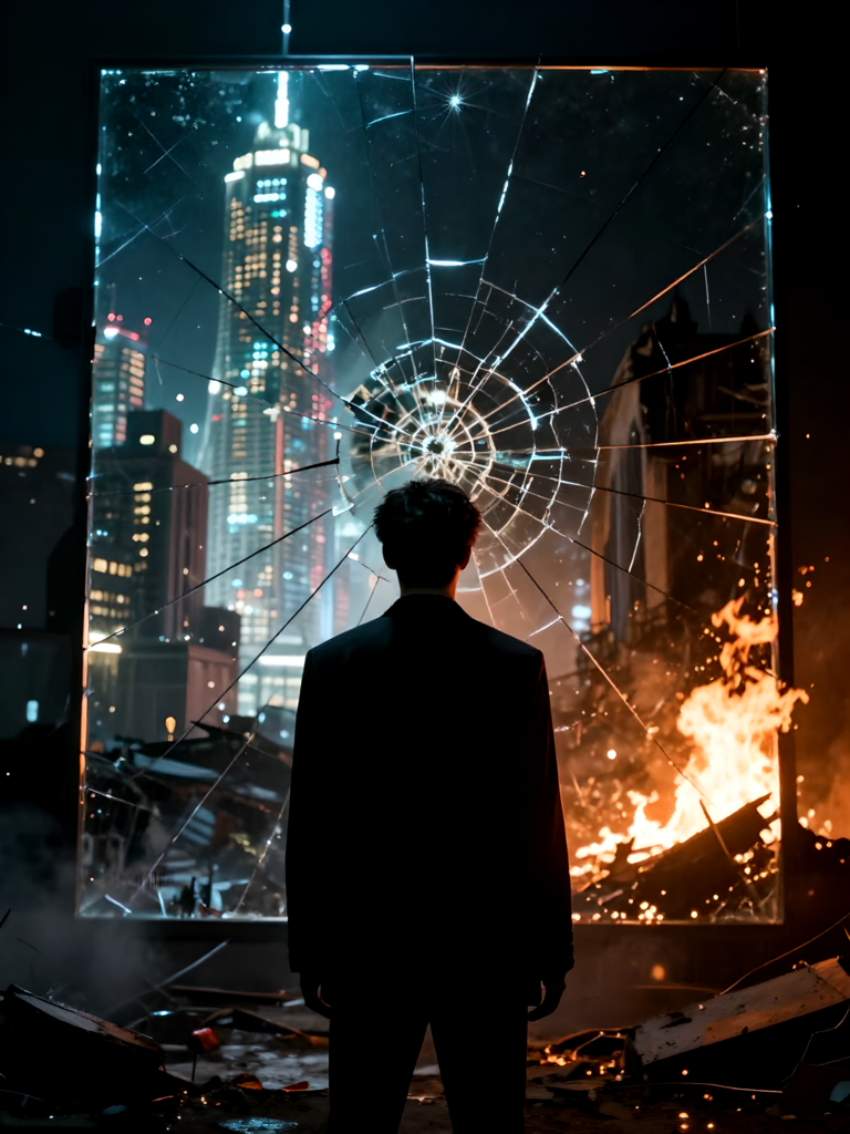 Figura umana davanti a uno specchio incrinato che riflette il paradosso dell'umanità nel 2026: utopia tecnologica e guerra