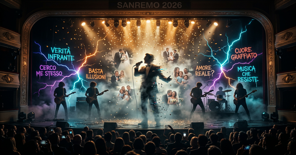 Vincitore Sanremo 2026 Sal Da Vinci su palco surreale: silhouette tra cuori illusori e nebbia digitale, giovani rock emergono con chitarre e poesia.