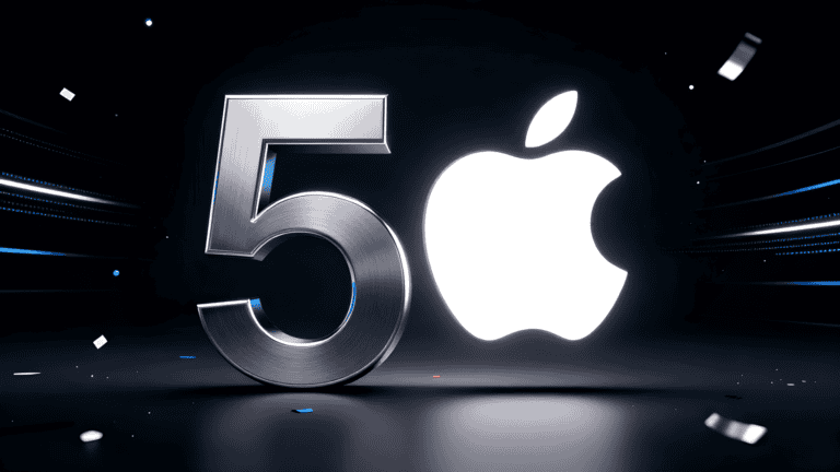 Numero 50 tridimensionale per celebrare i 50 anni di Apple. Il numero 5 è in alluminio spazzolato, mentre lo zero è sostituito dall'iconico logo della mela morsicata luminosa, su uno sfondo tecnologico con eleganti sfumature Bondi Blue.