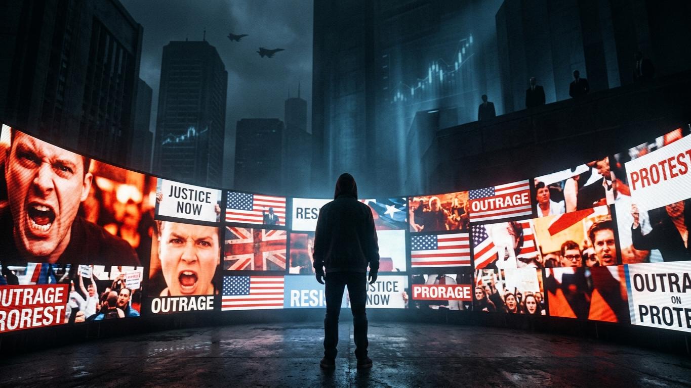 Silhouette umana di fronte a schermi con slogan di guerra e rabbia politica mentre il potere resta nell'ombra