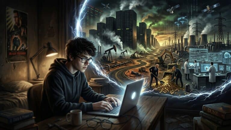 Illustrazione concettuale: uno studente digita sul laptop in una stanza buia mentre il retro dello schermo si apre come un portale su un universo industriale distopico fatto di server giganteschi, pozzi di petrolio, banche, satelliti militari e scienziati — metafora visiva del costo reale dell'intelligenza artificiale