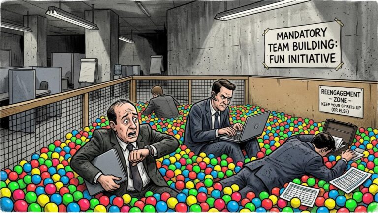 Vignetta con impiegati stressati in una vasca di palline colorate