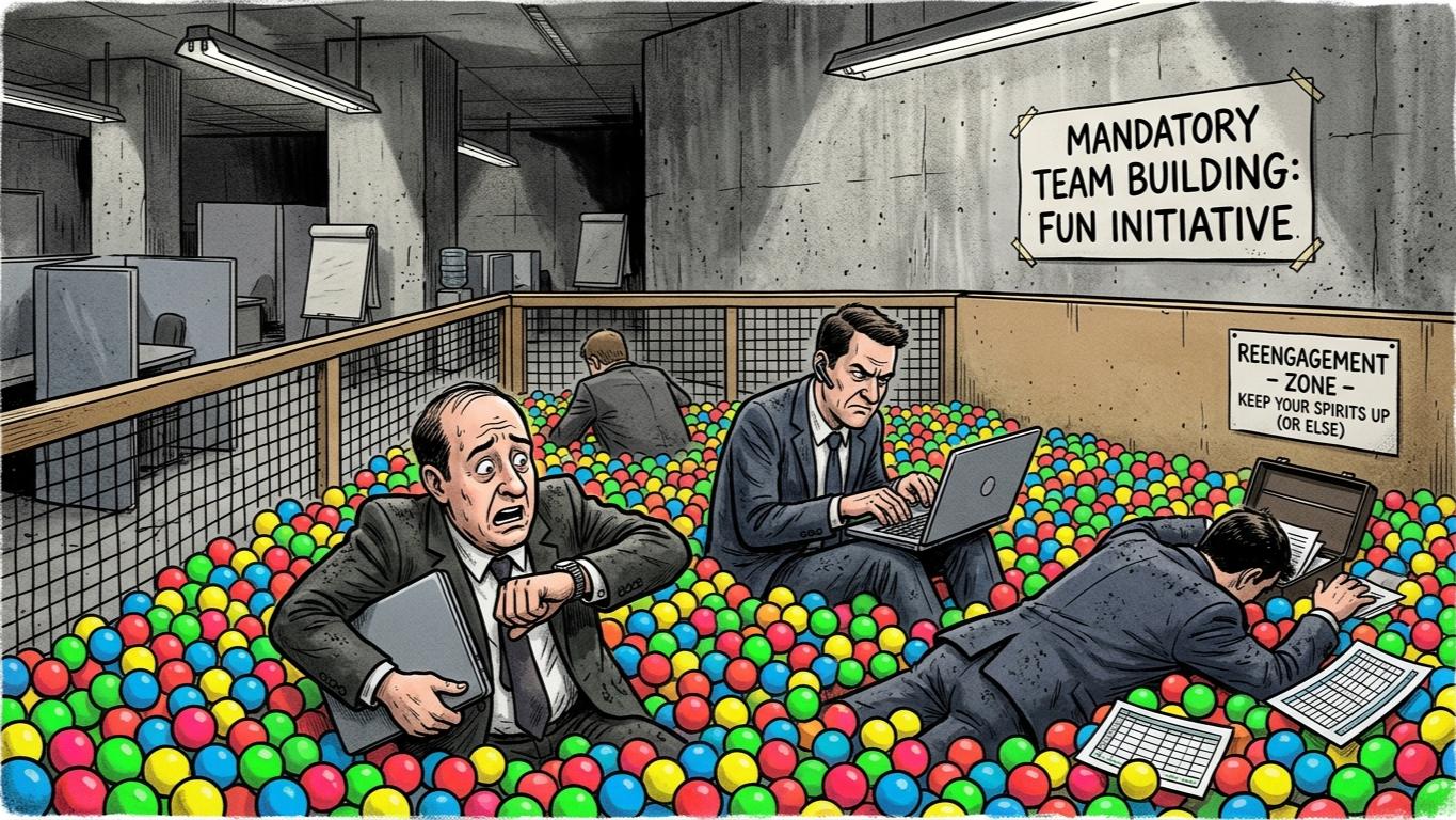 Vignetta con impiegati stressati in una vasca di palline colorate