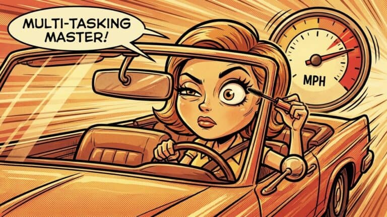 Donne alla guida umorismo - illustrazione comica di donna che si trucca in auto