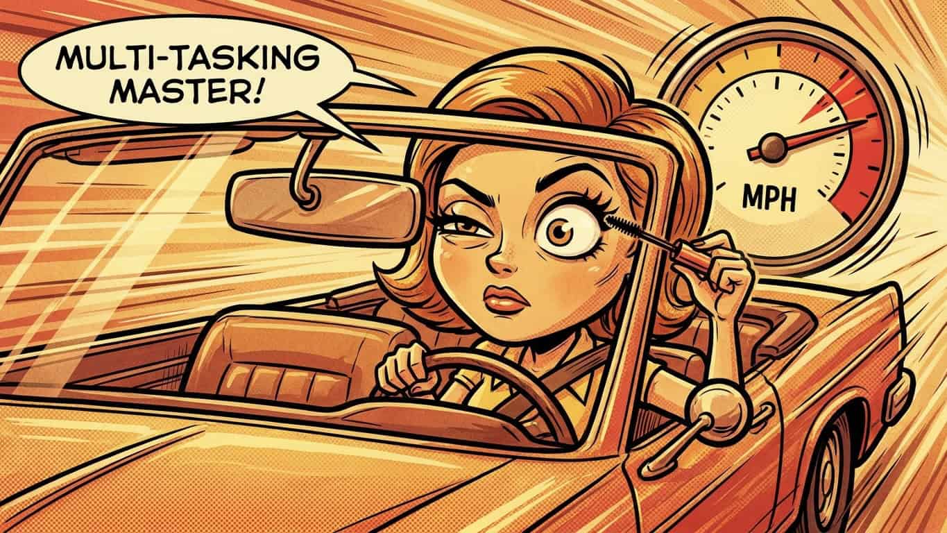 Donne alla guida umorismo - illustrazione comica di donna che si trucca in auto