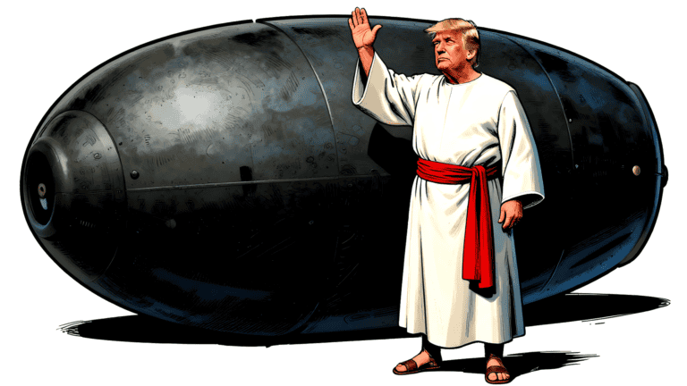 Illustrazione satirica dello scontro di Trump contro Papa Leone: il Presidente in tunica benedice una bomba atomica.