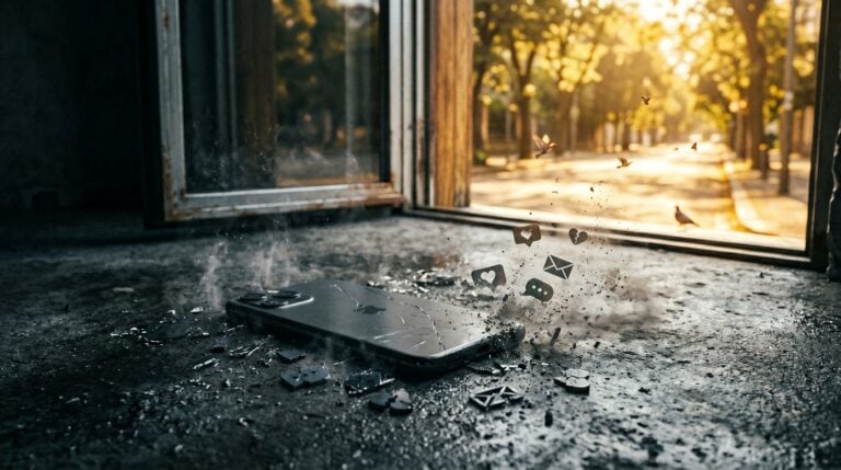 Smartphone fracassato con icone social che si disgregano, finestra aperta su luce dorata — digital detox