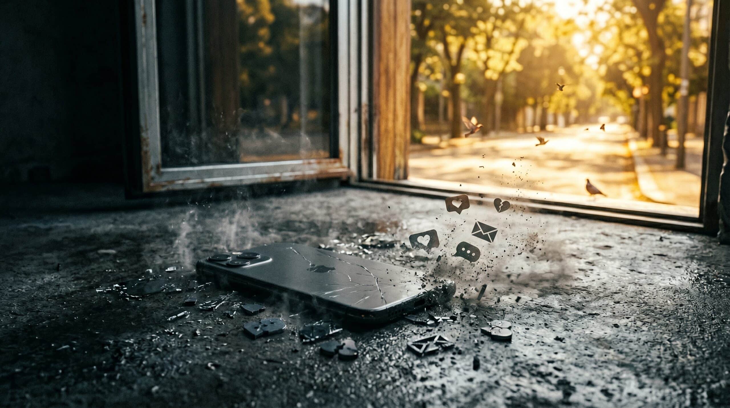 Smartphone fracassato con icone social che si disgregano, finestra aperta su luce dorata — digital detox