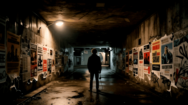 Figura solitaria di spalle in un sottopasso urbano notturno, stringe un microfono vintage mentre i muri sono tappezzati di manifesti strappati e graffiti — immagine simbolo della musica di protesta italiana